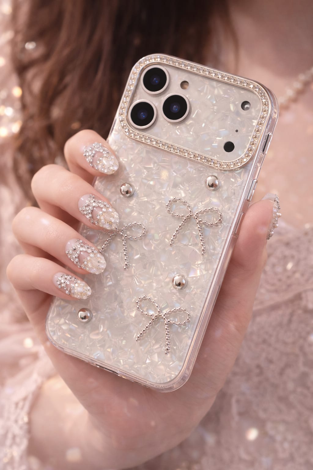 Glimmering Ribbon Stone Case with Phone Charm