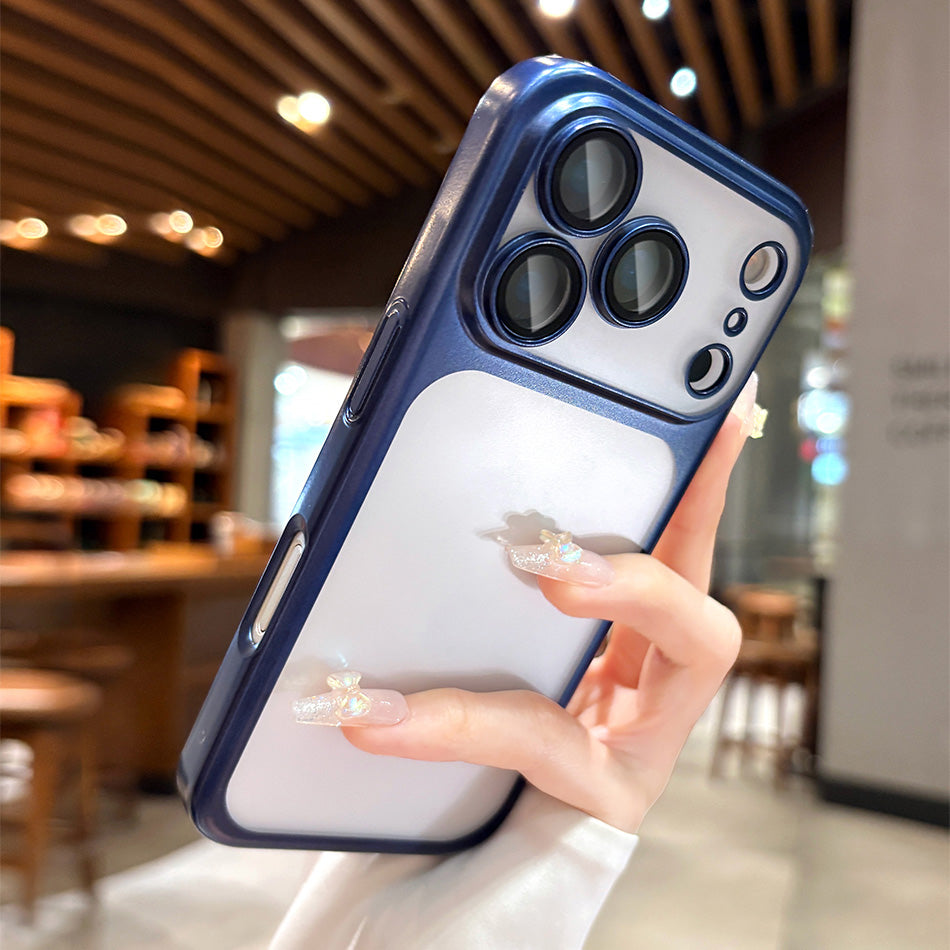 Luxury Frosted Translucent PC Phone Case Plating Frame Lens Film Protection Anti-fall Phone Cover